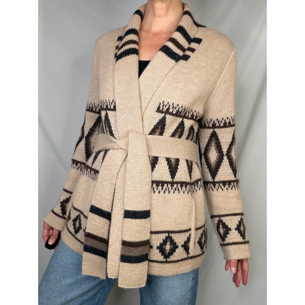 Overland Sylvia Cardigan Sweater Tan Alpaca Belted Tribal Shawl Collar Wool M - Picture 11 of 11